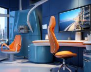 Dental hygienist working at blue desk, medical images stock