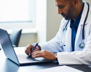 Male doctor taking notes on laptop, medical images stock