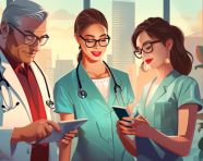 A healthcare team holding a tablet while a nurse, medical images stock