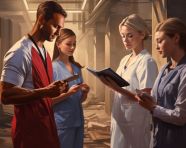 Doctors and nurses review patient data, medical images stock