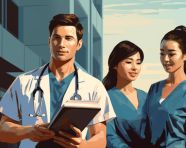 Medical professionals consult tablet, medical images stock