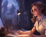 A female nurse working at a desk to check medical information, medical images stock