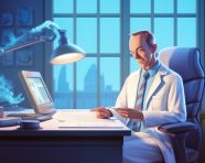 A doctor sitting at his desk with clipboard and computer, medical images stock
