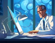 Doctor working on laptop at desk, medical images stock