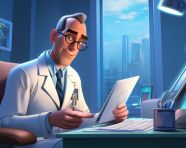 Doctor focused on task, medical images stock