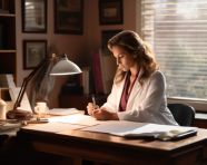 A woman doctor working at a desk, medical images stock