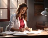 Female physician working at computer, medical images stock