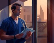 A female nurse standing with a clipboard in front of an window, medical images stock