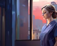 Nurse preparing for surgery at window, medical images stock
