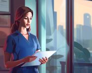 Nurse charting at window with city view, medical images stock