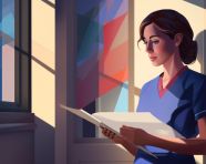 Nurse taking notes at window with natural light, medical images stock