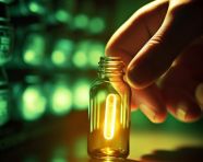 A persons hand reaches out to touch a glowing vial of medicine, medical images stock