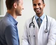 Close-up portrait of a doctor and a patient shaking hands, medical images stock