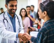 A doctor and a patient are shaking hands in a crowded waiting room, medical images stock