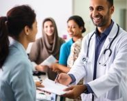 Doctor shakes patient's hand in waiting room, medical images stock