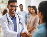 Doctor and patient connect in busy waiting room, medical images stock
