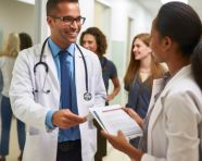 A doctor and a patient are shaking hands in a busy hospital hallway, medical images stock