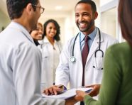 Doctor and patient shake hands in hospital hallway, medical images stock