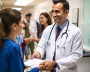 Patient and doctor greet each other in hospital, medical images stock