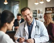 Doctor and patient confer, medical images stock
