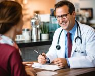 Doctor and patient connect over, medical images stock