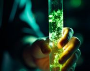 Scientist holding test tube, medical images stock