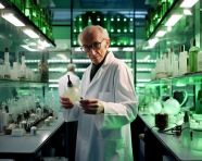 A long shot of a scientist in a white coat standing in a laboratory, medical images stock