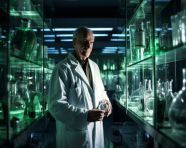 Scientist in white coat in lab, medical images stock