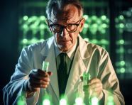 A scientist in a white coat stands in a dark laboratory, medical images stock