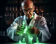 Chemist conducts chemical reaction in lab, medical images stock
