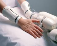 The robotic arms are in action moving inside the patients body, medical images stock
