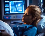 The nurse is wearing a blue scrubs and a white coat, medical images stock