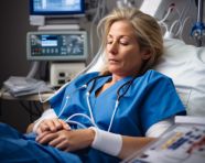 Nurse in blue scrubs and white coat, medical images stock