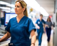 The nurse is walking down a long brightly lit hallway, medical images stock