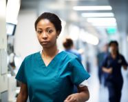 Nurse walking down hallway, medical images stock