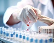 Scientist's hands control equipment, medical images stock