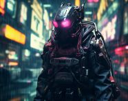 Cyberpunk robot full length wide angle view