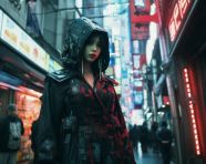 Cyberpunk girl full length wide angle view