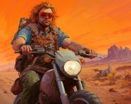 A man riding a motorcycle near a desert