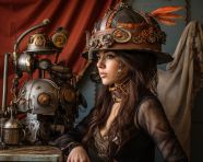 A girl with a steampunk mask on her head