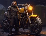 A man with a motorcycle stands next to a dieselpunk motorcycle
