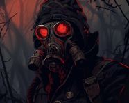 A man wearing a gas mask in the style of atompunk