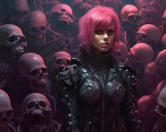 A dark fantasy girl with a pink hair standing between skulls
