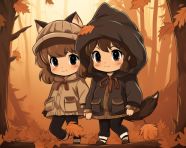 Two anime characters dressed as the forest has a hut on the ground