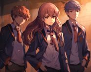 Three anime boys and a girl wearing school uniforms