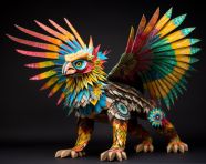A colorful paper lion with the wings of an eagle and the tail of a fish against a dark background