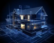 A blueprint house on blue background