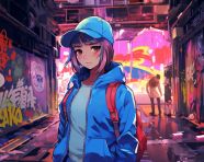 A girl in a blue jacket is standing in a hallway, anime style art