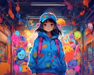 Young girl in blue jacket stands in hallway, anime style art