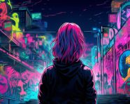 An anime girl with pink hair standing, anime style art